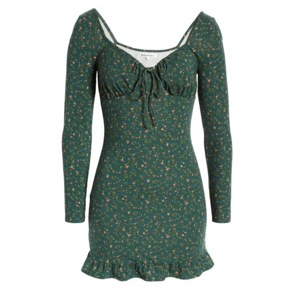 Reformation Anjeline Green Floral LS Bodycon Mini Dress - Picture 1 of 10